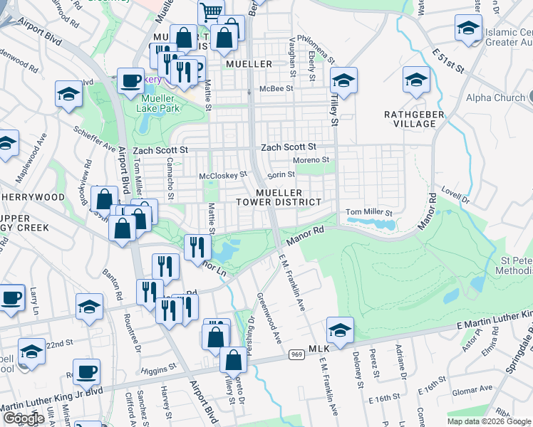 map of restaurants, bars, coffee shops, grocery stores, and more near 3917 Threadgill Street in Austin