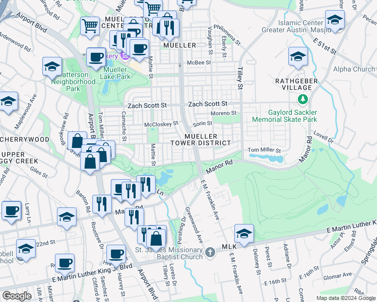 map of restaurants, bars, coffee shops, grocery stores, and more near 3917 Threadgill Street in Austin