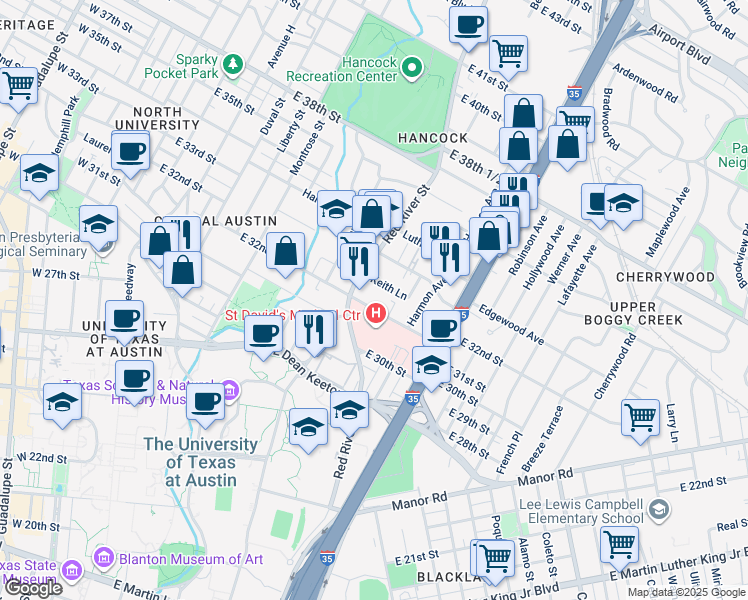 map of restaurants, bars, coffee shops, grocery stores, and more near 919 1/2 East 32nd Street in Austin