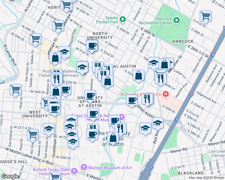 map of restaurants, bars, coffee shops, grocery stores, and more near in Austin