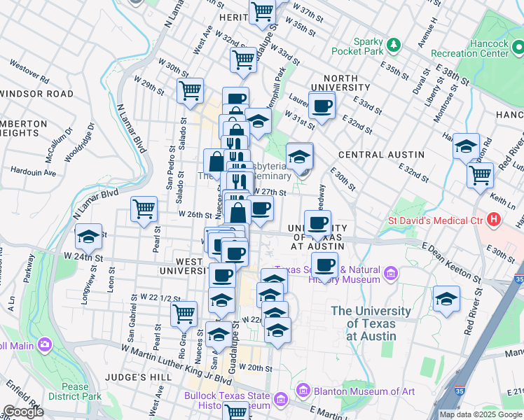map of restaurants, bars, coffee shops, grocery stores, and more near 2619 Whitis Avenue in Austin