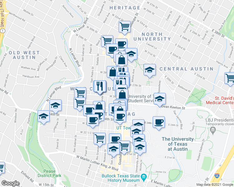 map of restaurants, bars, coffee shops, grocery stores, and more near 600 West 26th Street in Austin