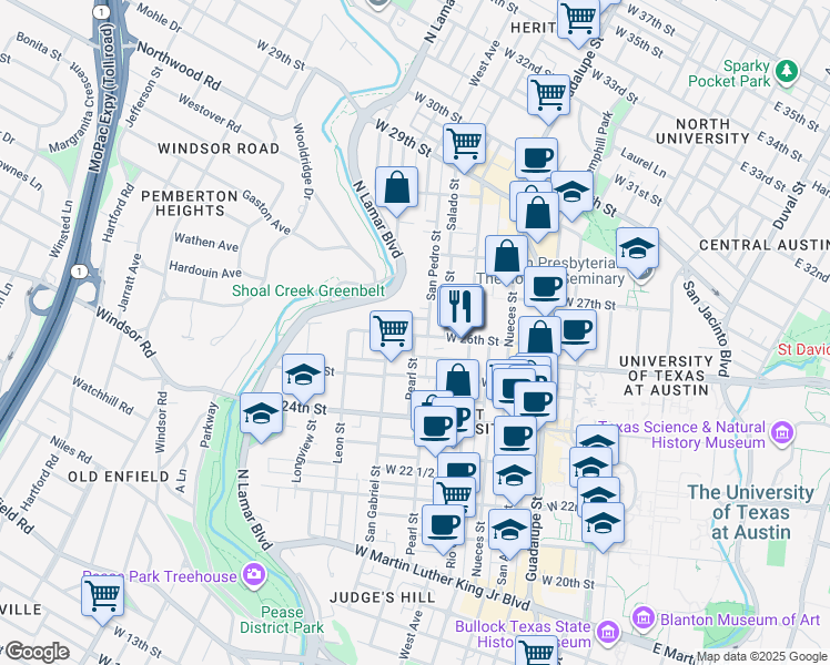 map of restaurants, bars, coffee shops, grocery stores, and more near in Austin