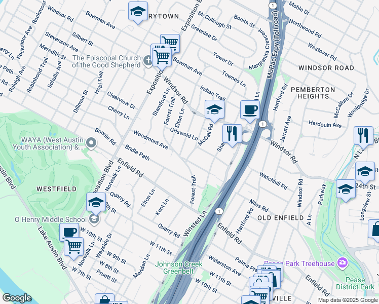 map of restaurants, bars, coffee shops, grocery stores, and more near 1710 McCall Road in Austin