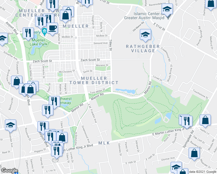 map of restaurants, bars, coffee shops, grocery stores, and more near 3406 Tom Miller Street in Austin
