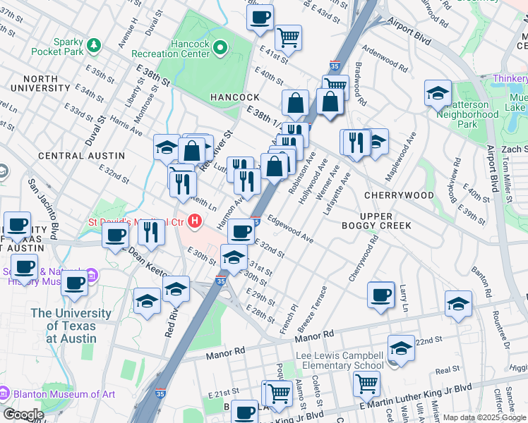 map of restaurants, bars, coffee shops, grocery stores, and more near 3301 North Interstate 35 Frontage Road in Austin