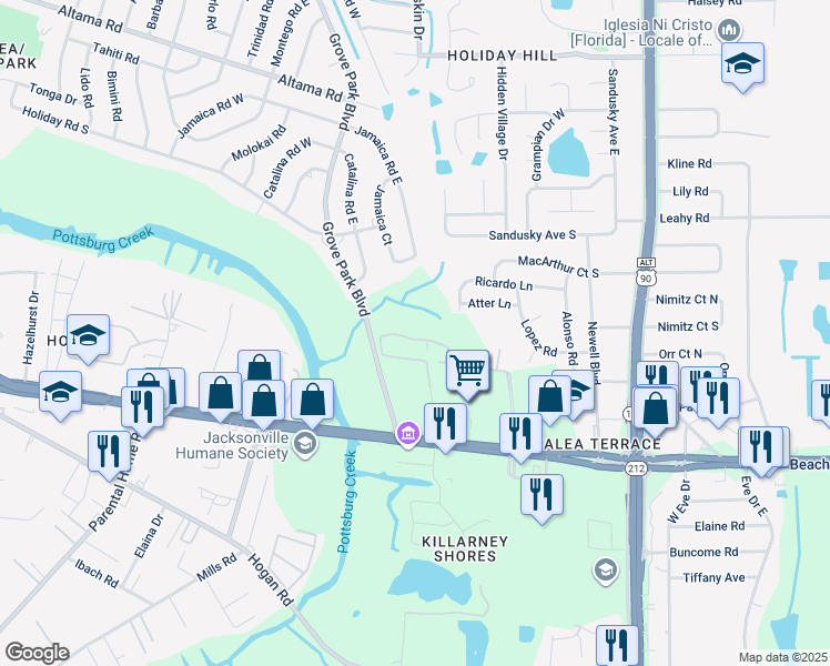 map of restaurants, bars, coffee shops, grocery stores, and more near 8601 Beach Boulevard in Jacksonville