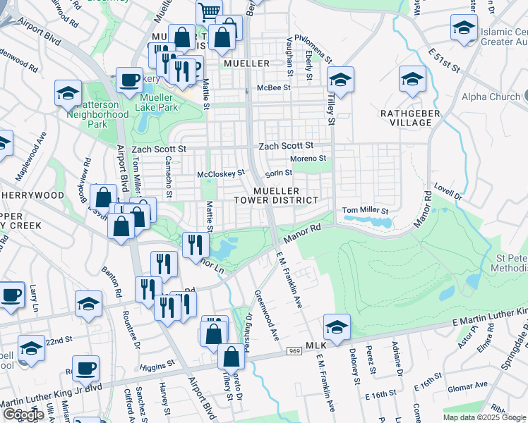 map of restaurants, bars, coffee shops, grocery stores, and more near 3917 Threadgill Street in Austin