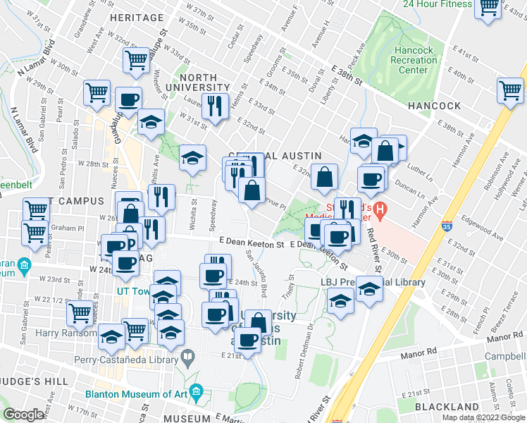 map of restaurants, bars, coffee shops, grocery stores, and more near 508 Elmwood Place in Austin