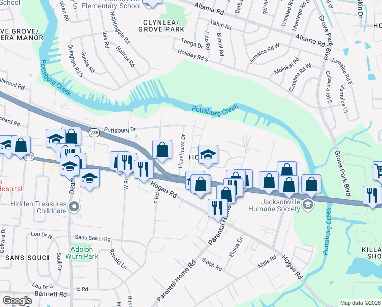 map of restaurants, bars, coffee shops, grocery stores, and more near 1716 El Camino Road in Jacksonville