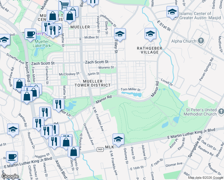 map of restaurants, bars, coffee shops, grocery stores, and more near 3021 McCurdy Street in Austin