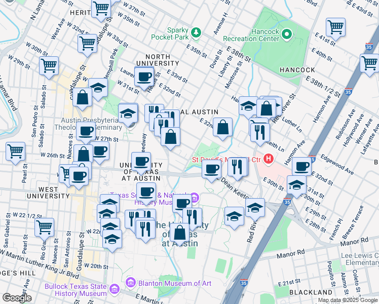 map of restaurants, bars, coffee shops, grocery stores, and more near 607 Bellevue Place in Austin