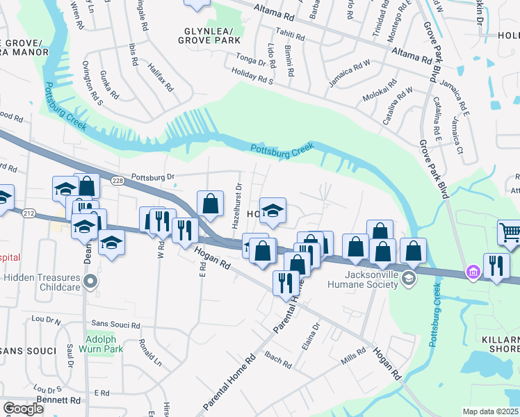 map of restaurants, bars, coffee shops, grocery stores, and more near 1756 El Prado Road in Jacksonville