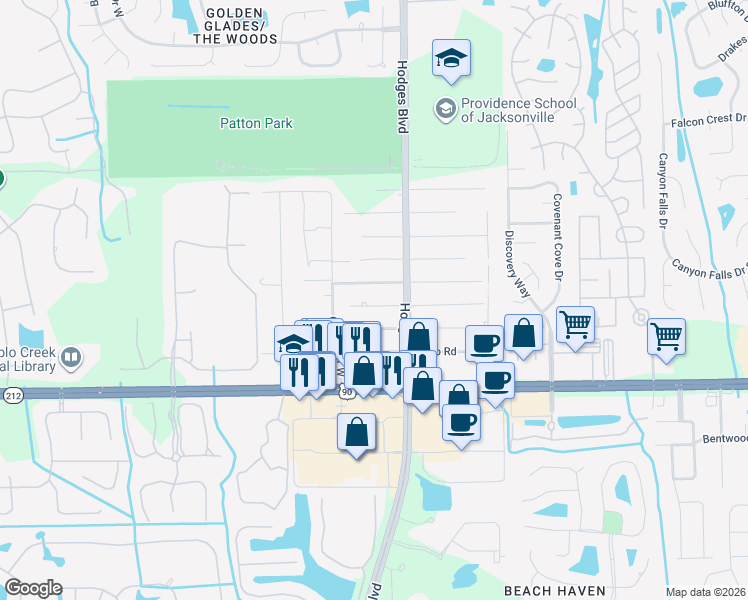map of restaurants, bars, coffee shops, grocery stores, and more near 13535 Chauny Road in Jacksonville