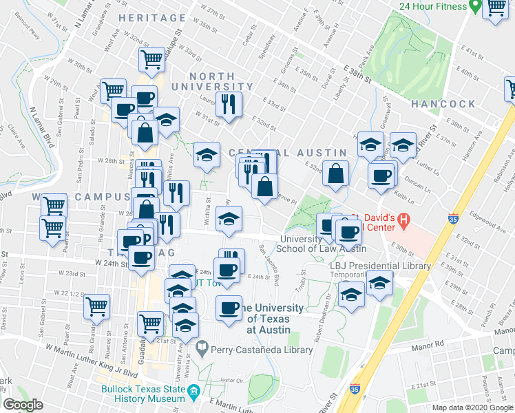 map of restaurants, bars, coffee shops, grocery stores, and more near San Jacinto Blvd & Duval St in Austin