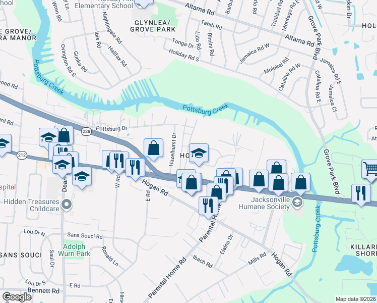 map of restaurants, bars, coffee shops, grocery stores, and more near 1756 El Prado Road in Jacksonville