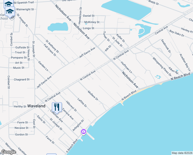 map of restaurants, bars, coffee shops, grocery stores, and more near 100 Adrienne Court in Waveland