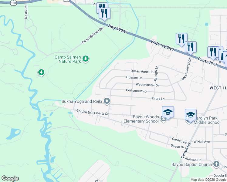 map of restaurants, bars, coffee shops, grocery stores, and more near 427 Portsmouth Drive in Slidell