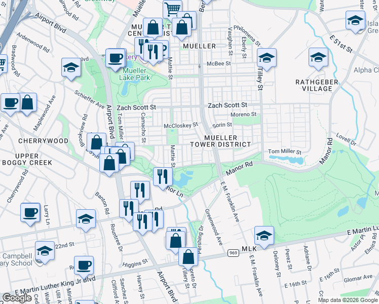 map of restaurants, bars, coffee shops, grocery stores, and more near 3904 Hermalinda Street in Austin