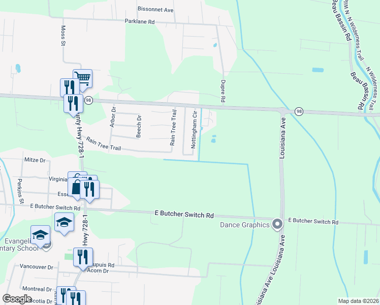 map of restaurants, bars, coffee shops, grocery stores, and more near 301 Nottingham Circle in Lafayette