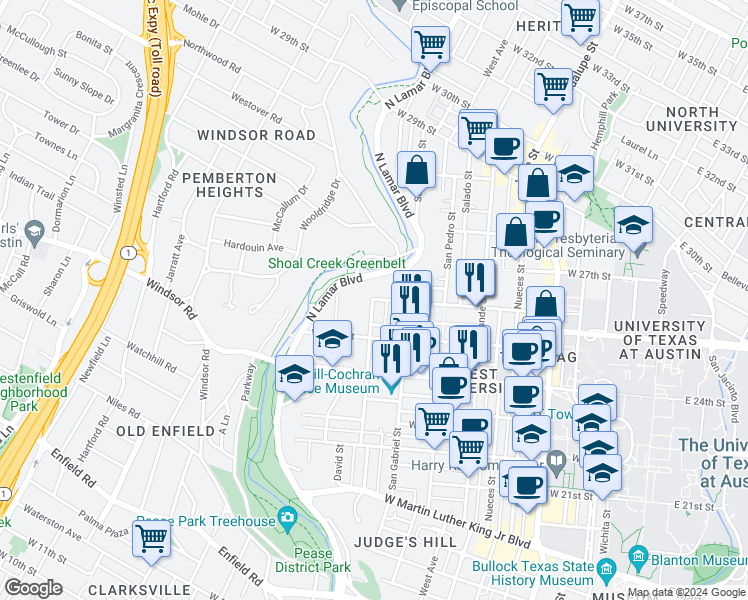 map of restaurants, bars, coffee shops, grocery stores, and more near W 26th St & Leon St in Austin