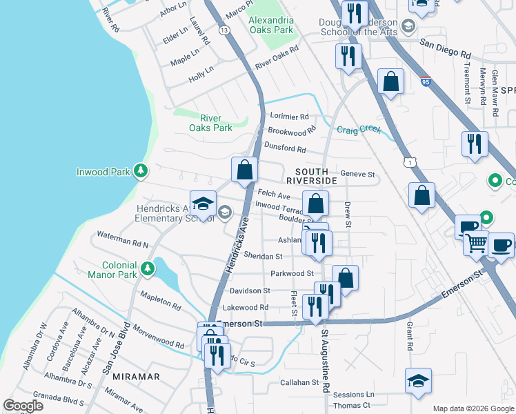 map of restaurants, bars, coffee shops, grocery stores, and more near 1520 Inwood Terrace in Jacksonville