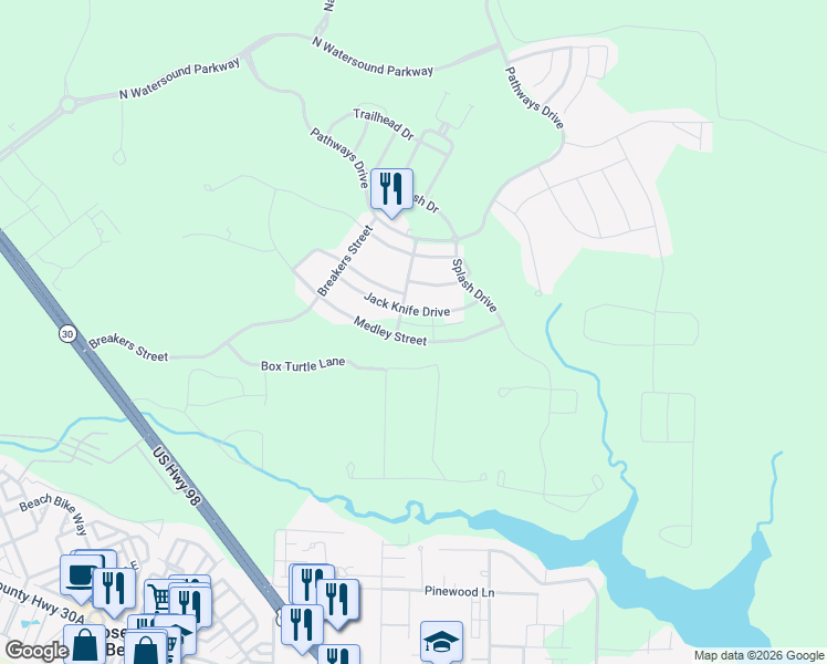 map of restaurants, bars, coffee shops, grocery stores, and more near 232 Medley Street in Rosemary Beach