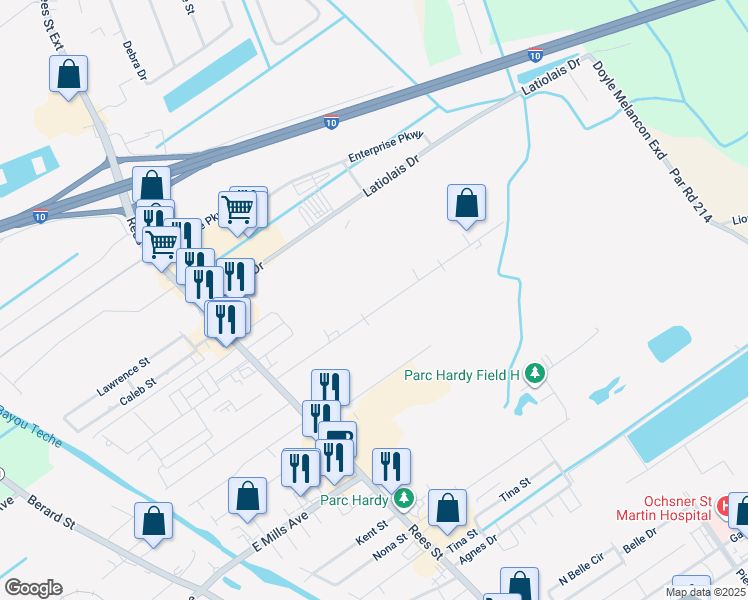 map of restaurants, bars, coffee shops, grocery stores, and more near 609 Parkway Drive in Breaux Bridge