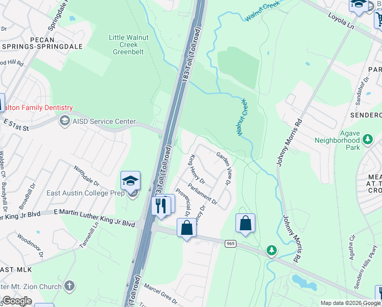 map of restaurants, bars, coffee shops, grocery stores, and more near 5404 King Henry Drive in Austin