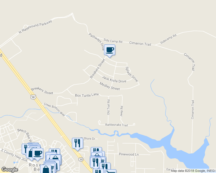 map of restaurants, bars, coffee shops, grocery stores, and more near Medley Street in Panama City Beach