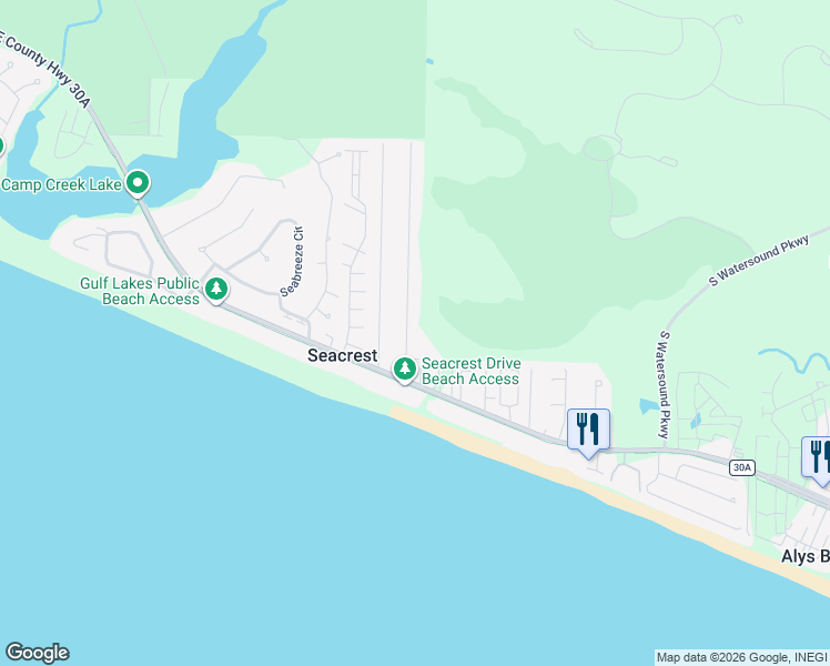 map of restaurants, bars, coffee shops, grocery stores, and more near 100 Seacrest Drive in Rosemary Beach