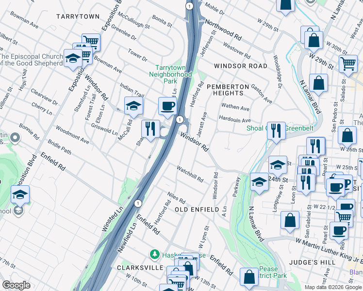 map of restaurants, bars, coffee shops, grocery stores, and more near 2322 Hartford Road in Austin