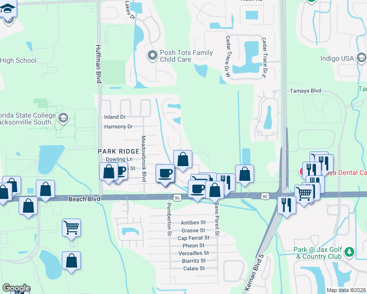 map of restaurants, bars, coffee shops, grocery stores, and more near 2967 Sans Pareil Street in Jacksonville