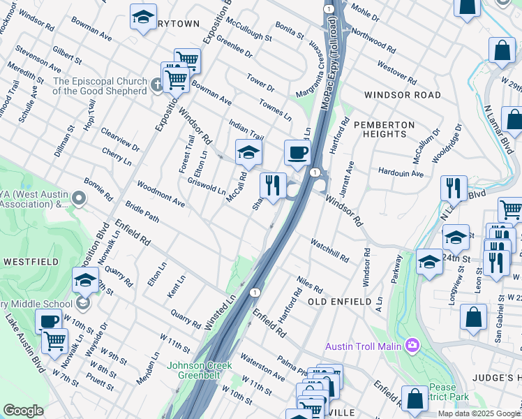 map of restaurants, bars, coffee shops, grocery stores, and more near 1909 Sharon Lane in Austin