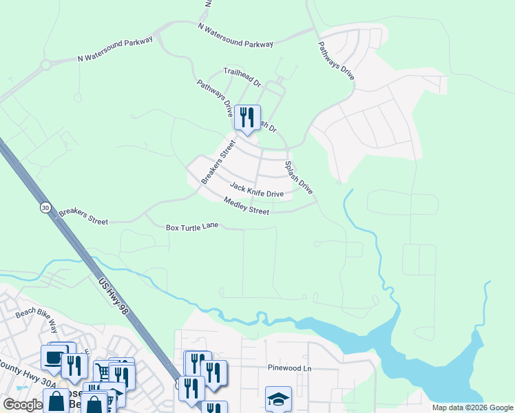 map of restaurants, bars, coffee shops, grocery stores, and more near 232 Medley Street in Rosemary Beach