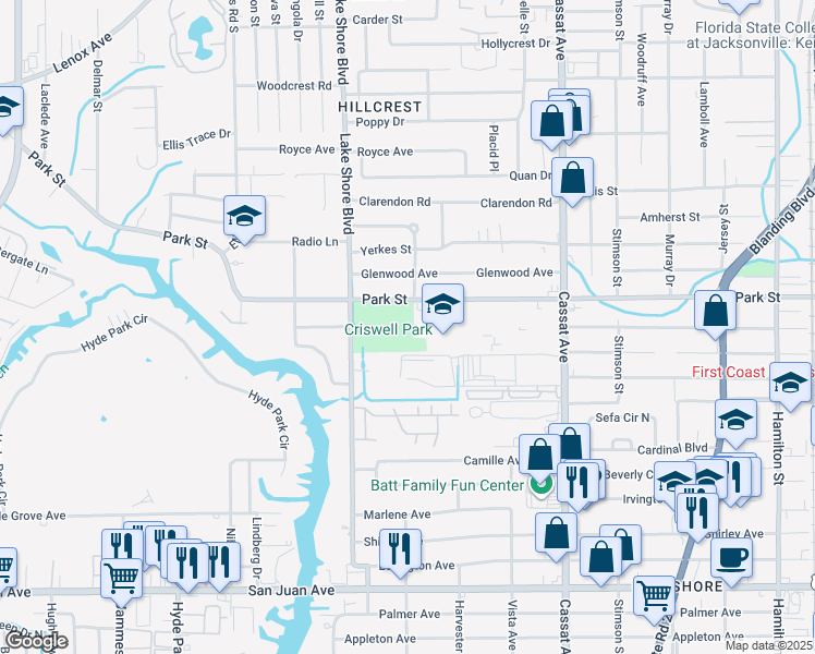 map of restaurants, bars, coffee shops, grocery stores, and more near 5300 Park Street in Jacksonville