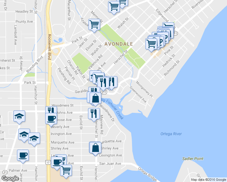 map of restaurants, bars, coffee shops, grocery stores, and more near 3935 Saint Johns Avenue in Jacksonville