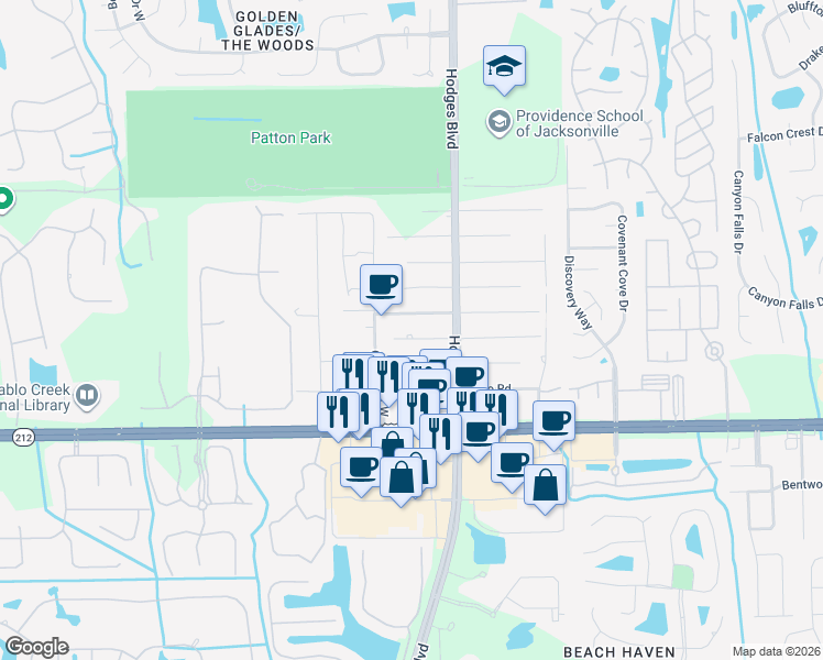 map of restaurants, bars, coffee shops, grocery stores, and more near 13535 Chauny Road in Jacksonville