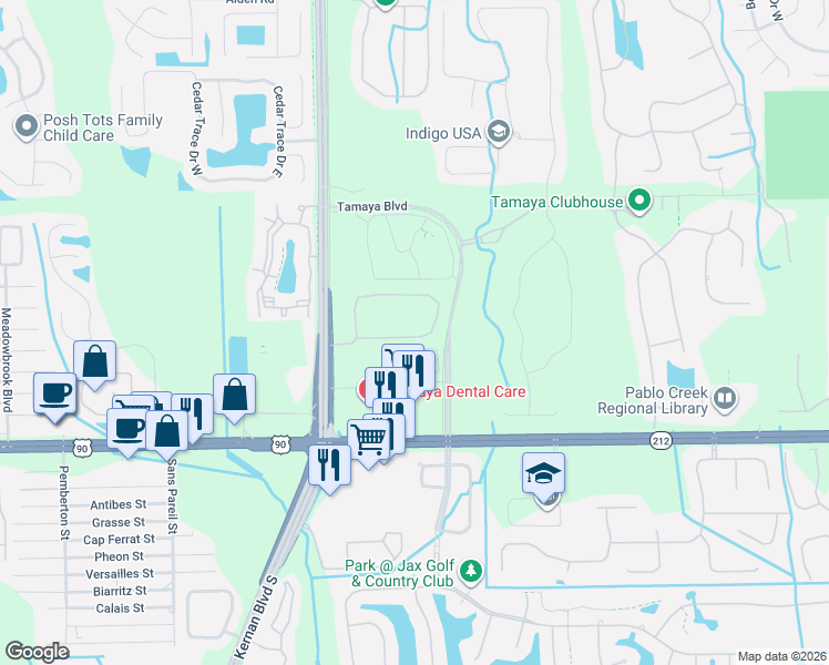 map of restaurants, bars, coffee shops, grocery stores, and more near 12675 Josslyn Lane in Jacksonville