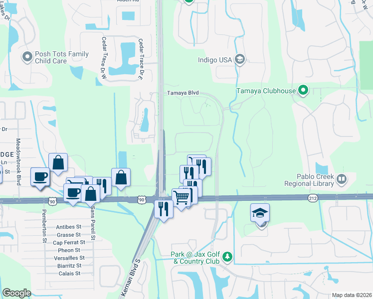 map of restaurants, bars, coffee shops, grocery stores, and more near 12675 Josslyn Lane in Jacksonville