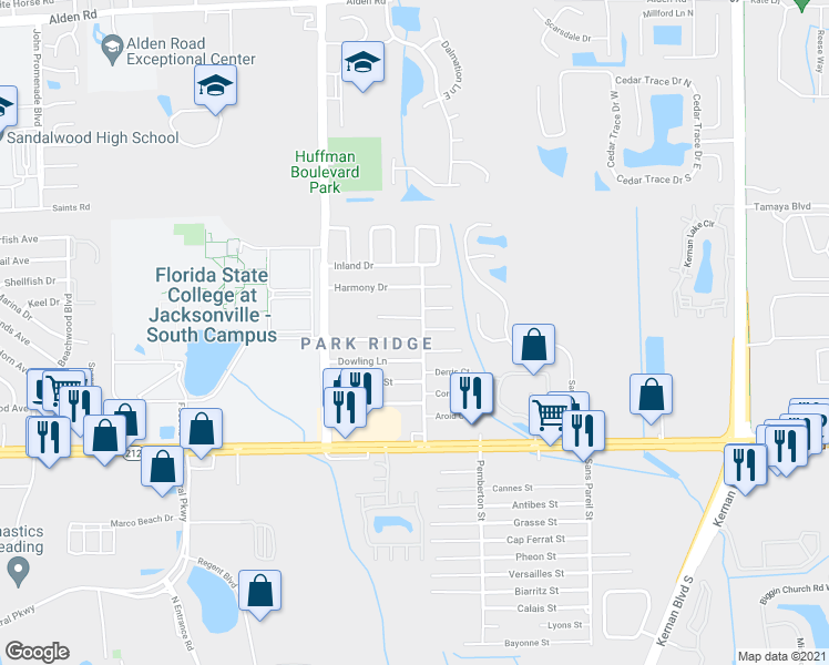 map of restaurants, bars, coffee shops, grocery stores, and more near 12004 Fagus Court in Jacksonville