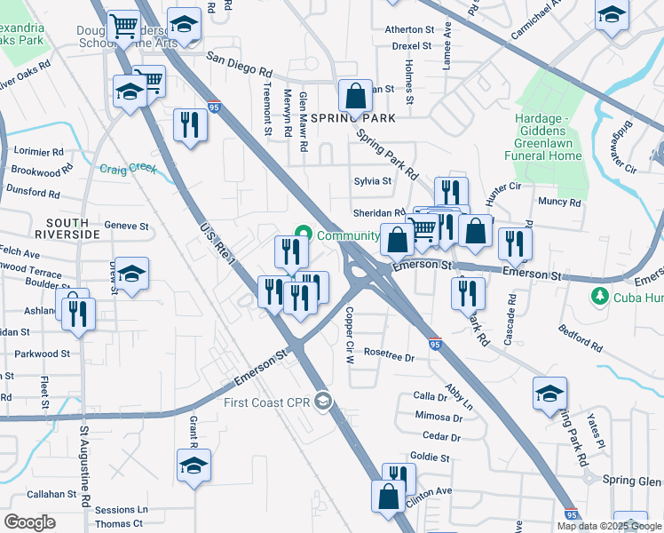 map of restaurants, bars, coffee shops, grocery stores, and more near in Jacksonville