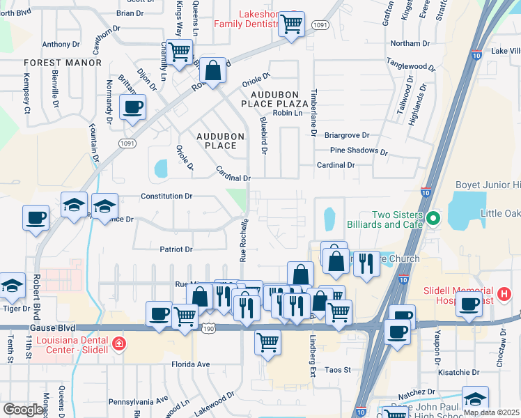 map of restaurants, bars, coffee shops, grocery stores, and more near 988 Asheville Drive in Slidell