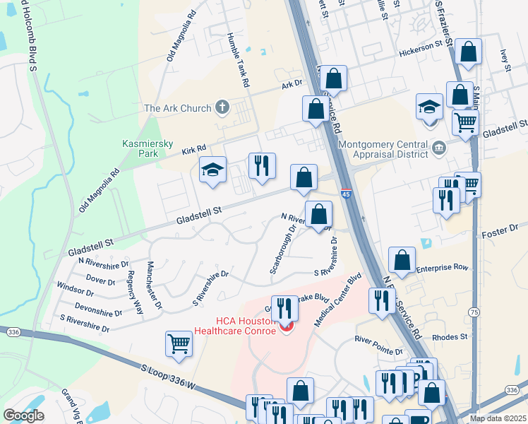 map of restaurants, bars, coffee shops, grocery stores, and more near 450 North Rivershire Drive in Conroe