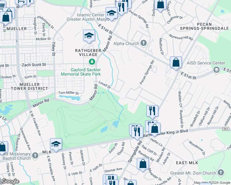 map of restaurants, bars, coffee shops, grocery stores, and more near 4601 Cedar Point Drive in Austin