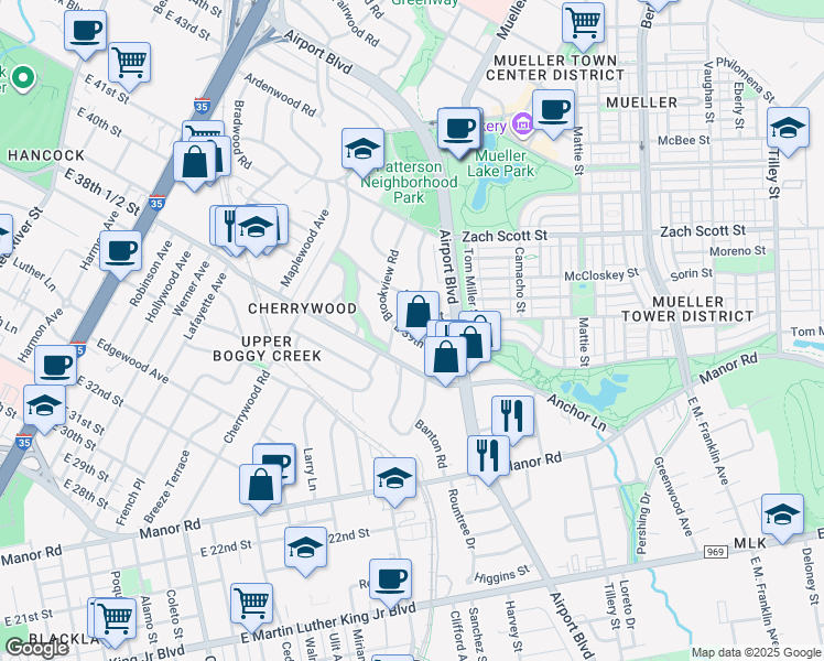 map of restaurants, bars, coffee shops, grocery stores, and more near 3815 Brookview Road in Austin