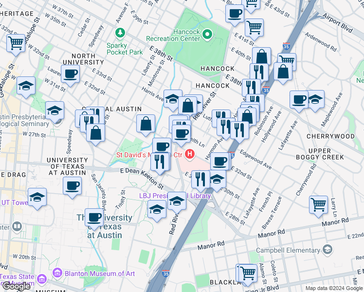 map of restaurants, bars, coffee shops, grocery stores, and more near 919 1/2 East 32nd Street in Austin