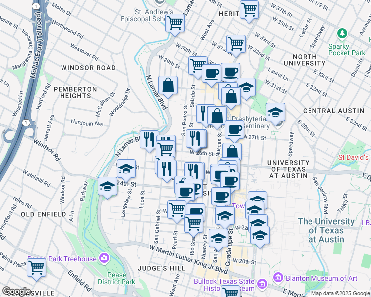 map of restaurants, bars, coffee shops, grocery stores, and more near in Austin