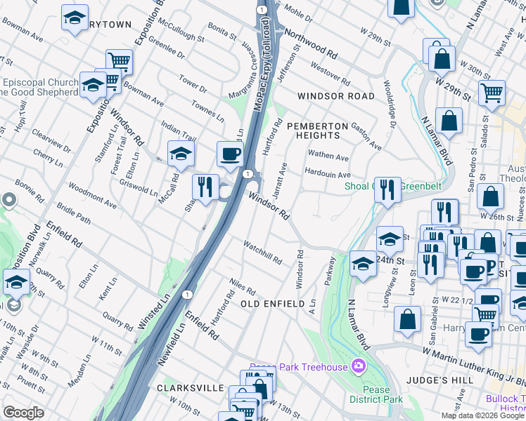 map of restaurants, bars, coffee shops, grocery stores, and more near 2314 Woodlawn Boulevard in Austin