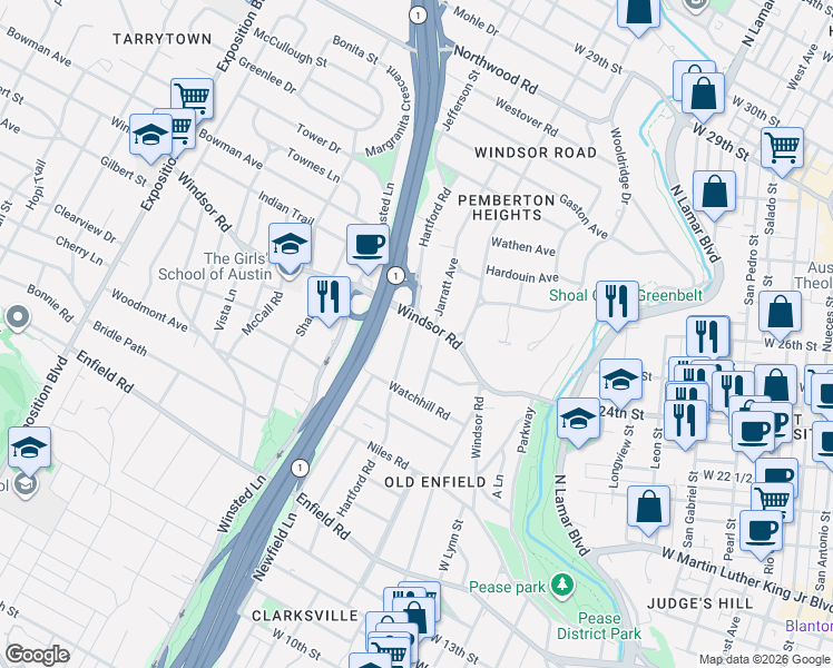 map of restaurants, bars, coffee shops, grocery stores, and more near 2314 Woodlawn Boulevard in Austin